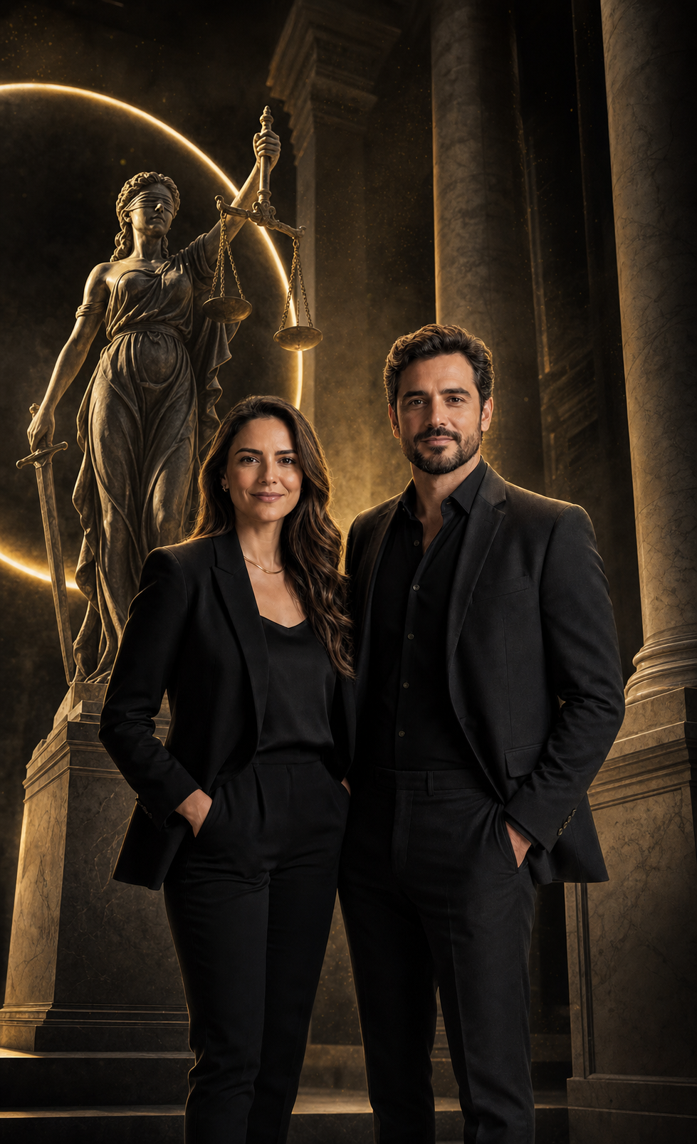 Uma advogada e um advogado diante de uma composição com Themis e arquitetura jurídica